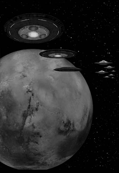 Dark Fleet Haunebu ARVs seen from Thor Han Scout Ship ETV near Mars during The Storm (Courtesy Elena Danaan)