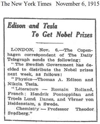 Edison and Tesla to get Nobel Prizes